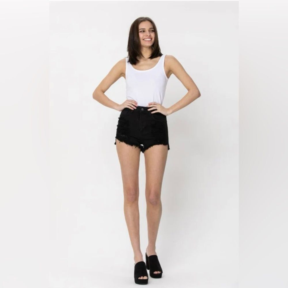 Cello black denim high rise frayed hem shorts